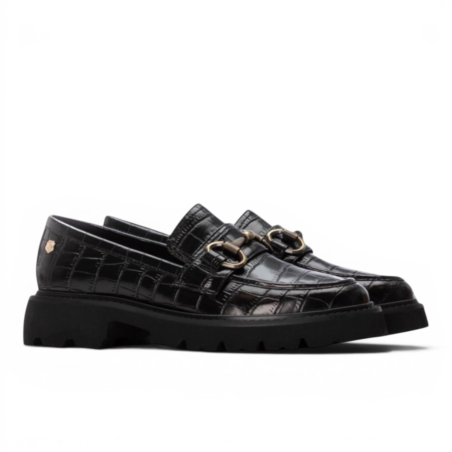 ShoeShop Carmela 162547 black synthetic loafers with gold bit detail and croc-effect finish.