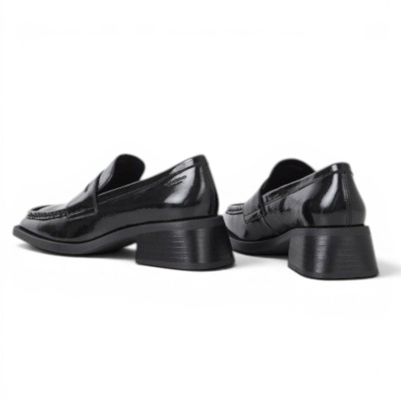 ShoeShop BLANCA black patent leather penny loafers with square toe and 47mm block heel.