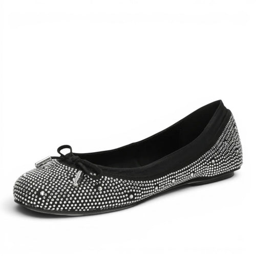 ShoeShop Buffalo black ballet flats adorned with rhinestones and a decorative bow with silver tips.