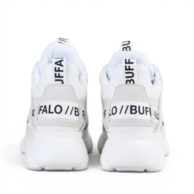 ShoeShop Buffalo CLD Chai white chunky sole sneakers with logo detail on heel tab and strap.