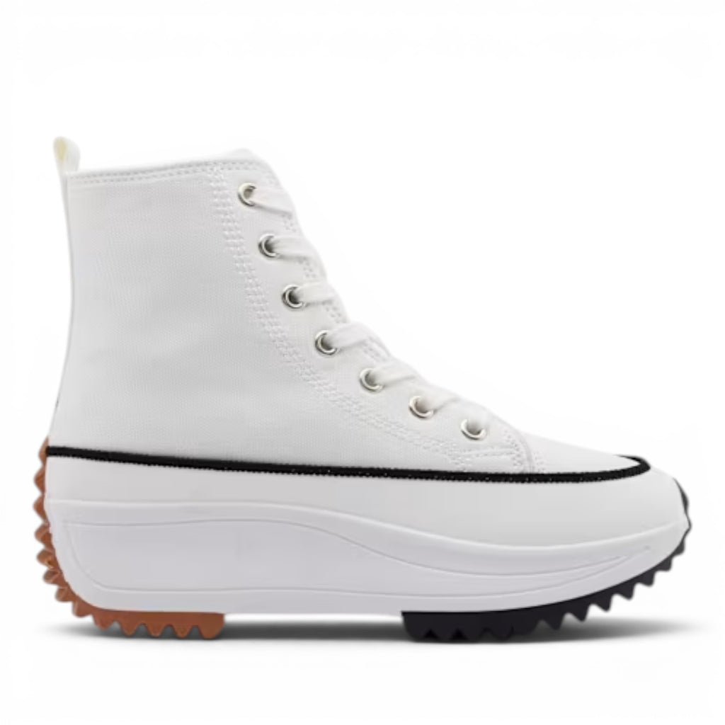 ShoeShop Claudia Ghizzani white canvas high-top sneakers with chunky rubber sole and black trim.