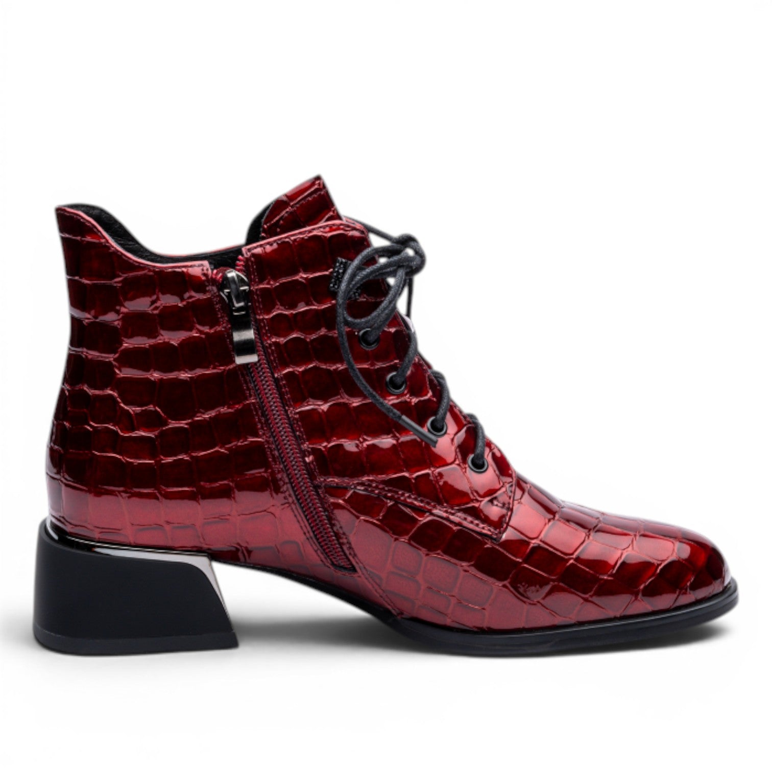 ShoeShop CLAUDIA women's ankle boots in glossy red textured leather with a block heel and lace-up closure.
