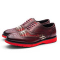 ShoeShop HEIDI burgundy leather wingtip shoes with tartan fabric inserts and red rubber soles.