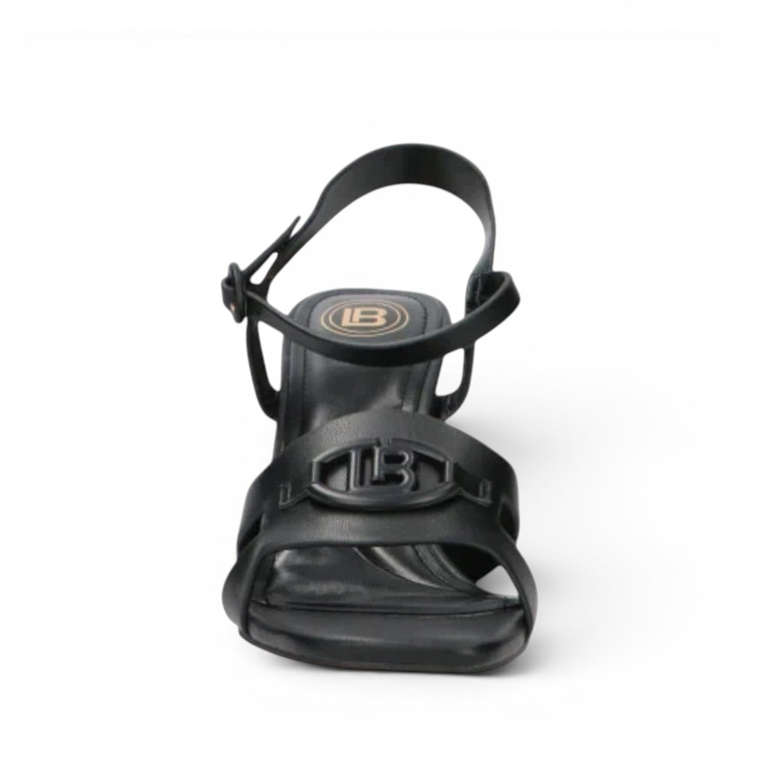 ShoeShop Laura Biagiotti 9051 black synthetic sandals with 9cm heel and double LB logo detail.