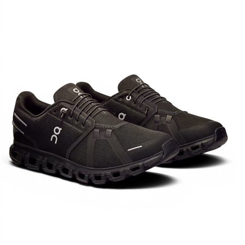 ShoeShopHere black recycled polyester ON Cloud 6 running shoes with Zero-Gravity CloudTec cushioning and Speedboard plate.