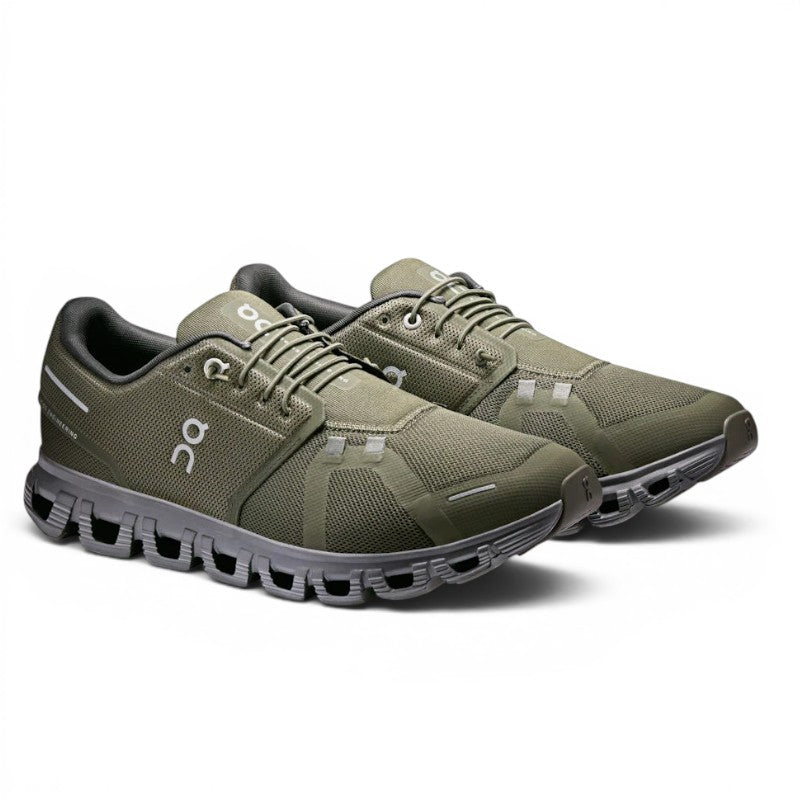 ShoeShopHere ON Cloud 6 olive green recycled polyester running shoes with grey sole and white accents.