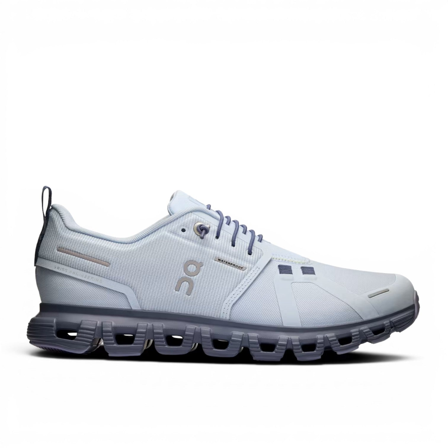 ShoeShop ON Cloud 6 Waterproof light blue recycled polyester running shoe with grey sole and laces.