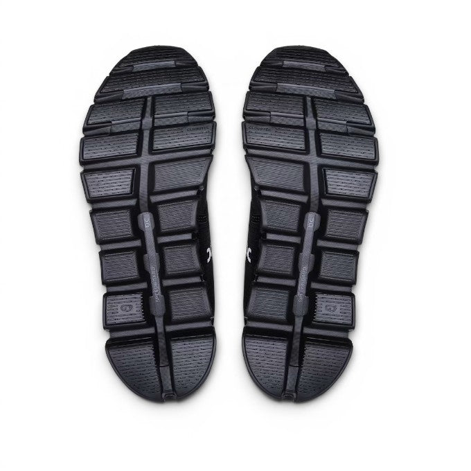 ShoeShop black waterproof ON Cloud 6 running shoes with CloudTec cushioning and Speedboard plate.