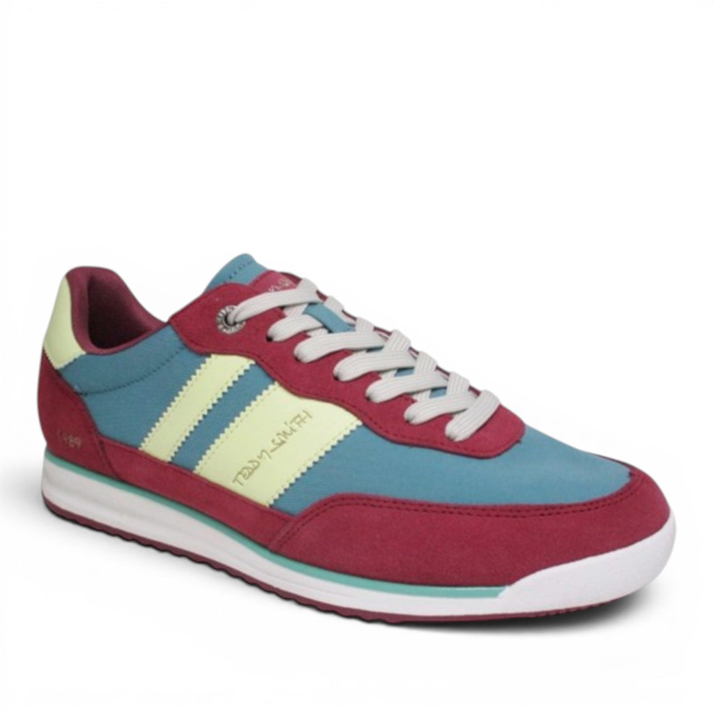 ShoeShop Teddy Smith 120300 sneakers with teal, maroon, and yellow accents. Leather and textile upper, rubber sole.