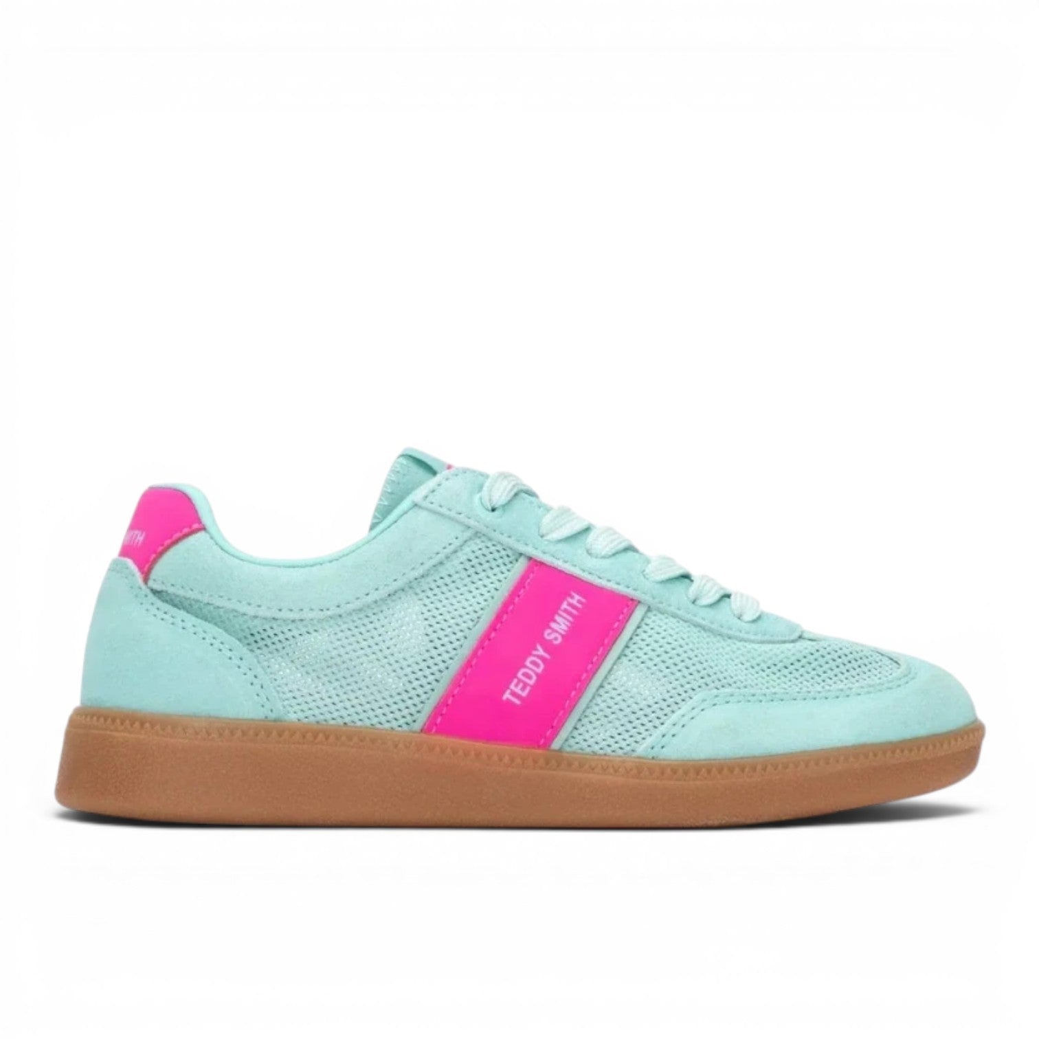 ShoeShop Teddy Smith aqua blue and pink leather and textile sneakers with rubber sole.