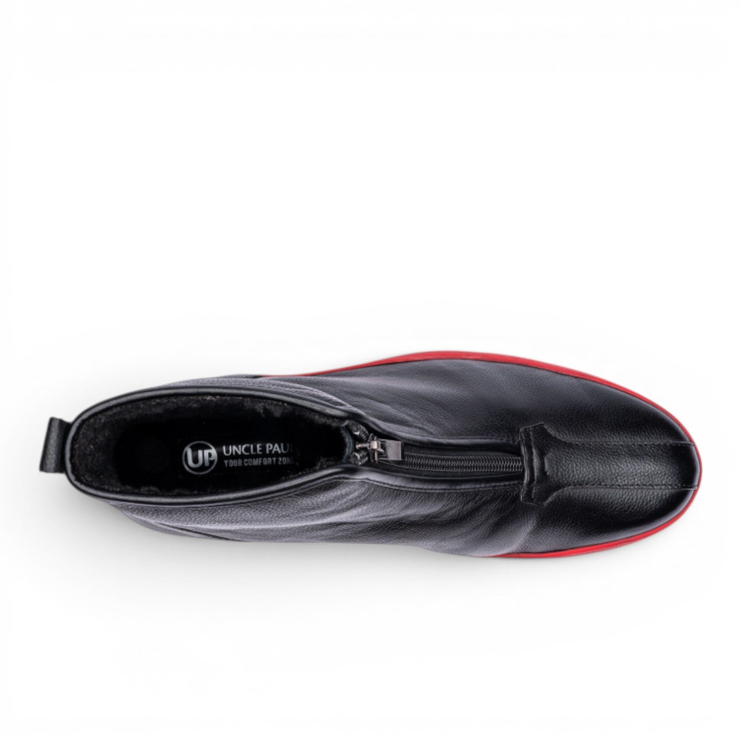 ShoeShop Uncle Paul HELDUR-2 black leather boots with sherpa lining and red sole detail. Front zipper closure.