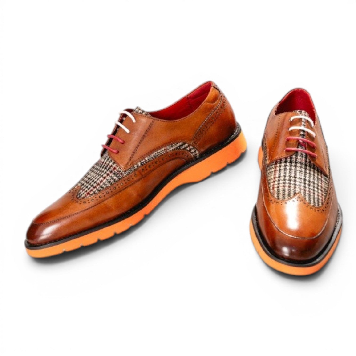 ShoeShop Uncle Paul HERBERT brown leather and tweed wingtip brogues with orange sole