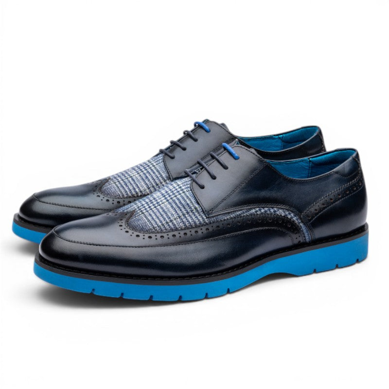 ShoeShop Uncle Paul HERBERT men's navy leather and blue tweed wingtip dress shoes with blue laces and soles.
