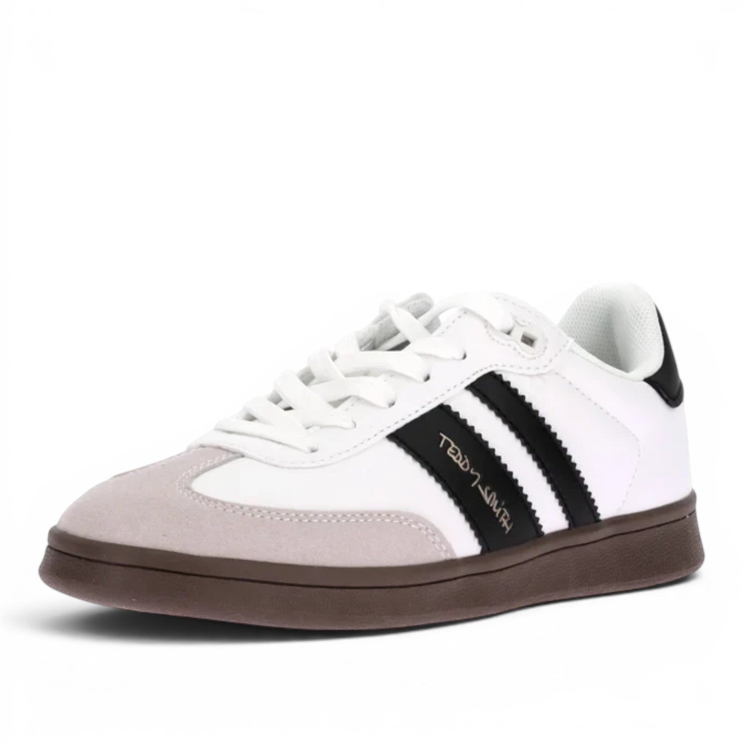 ShoeShopHere white synthetic sneakers with black stripes and suede toe cap. Rubber sole.