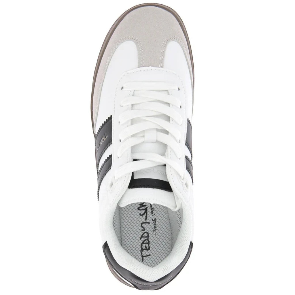 ShoeShop white synthetic sneakers with grey suede toe cap and black stripes on sides. Textile lining, rubber sole.