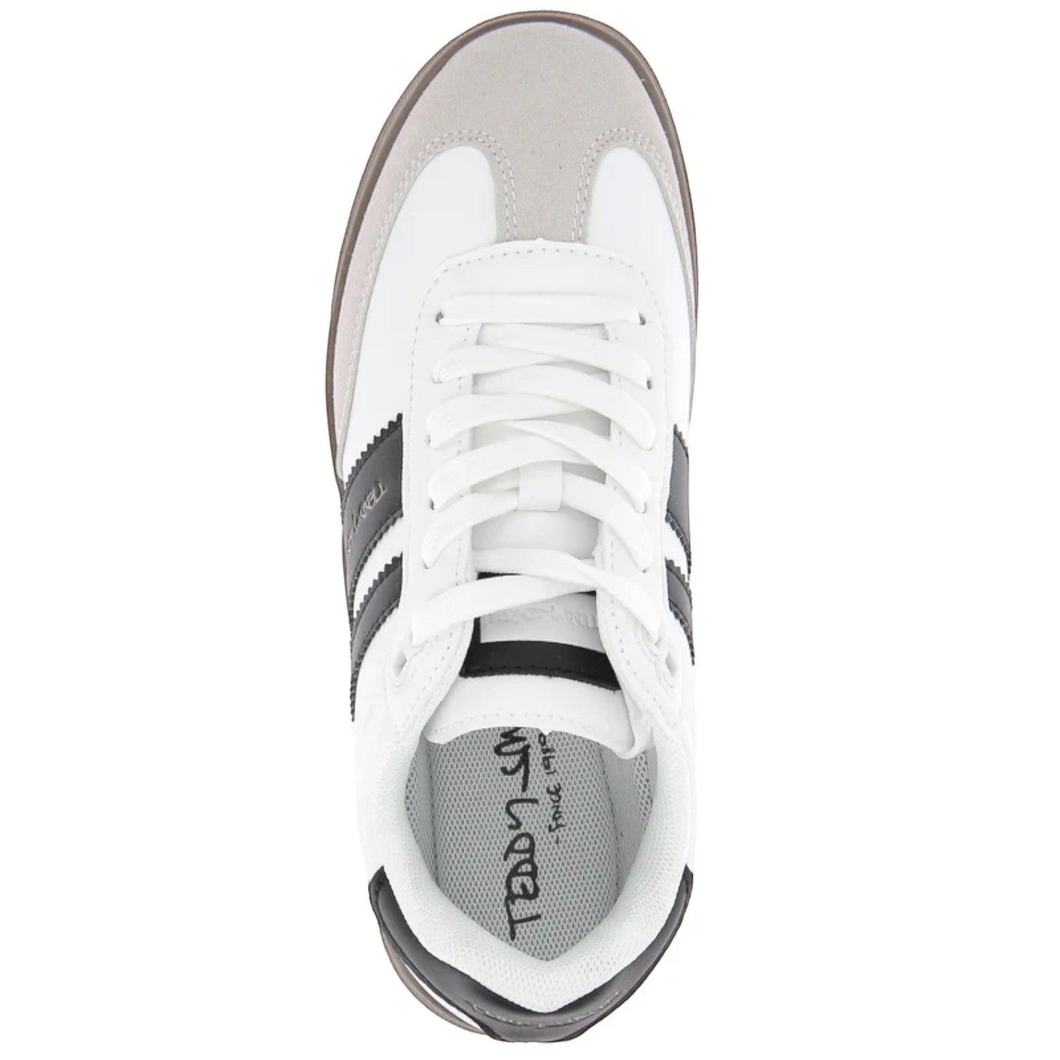 ShoeShop white synthetic sneakers with grey suede toe cap and black stripes on sides. Textile lining, rubber sole.