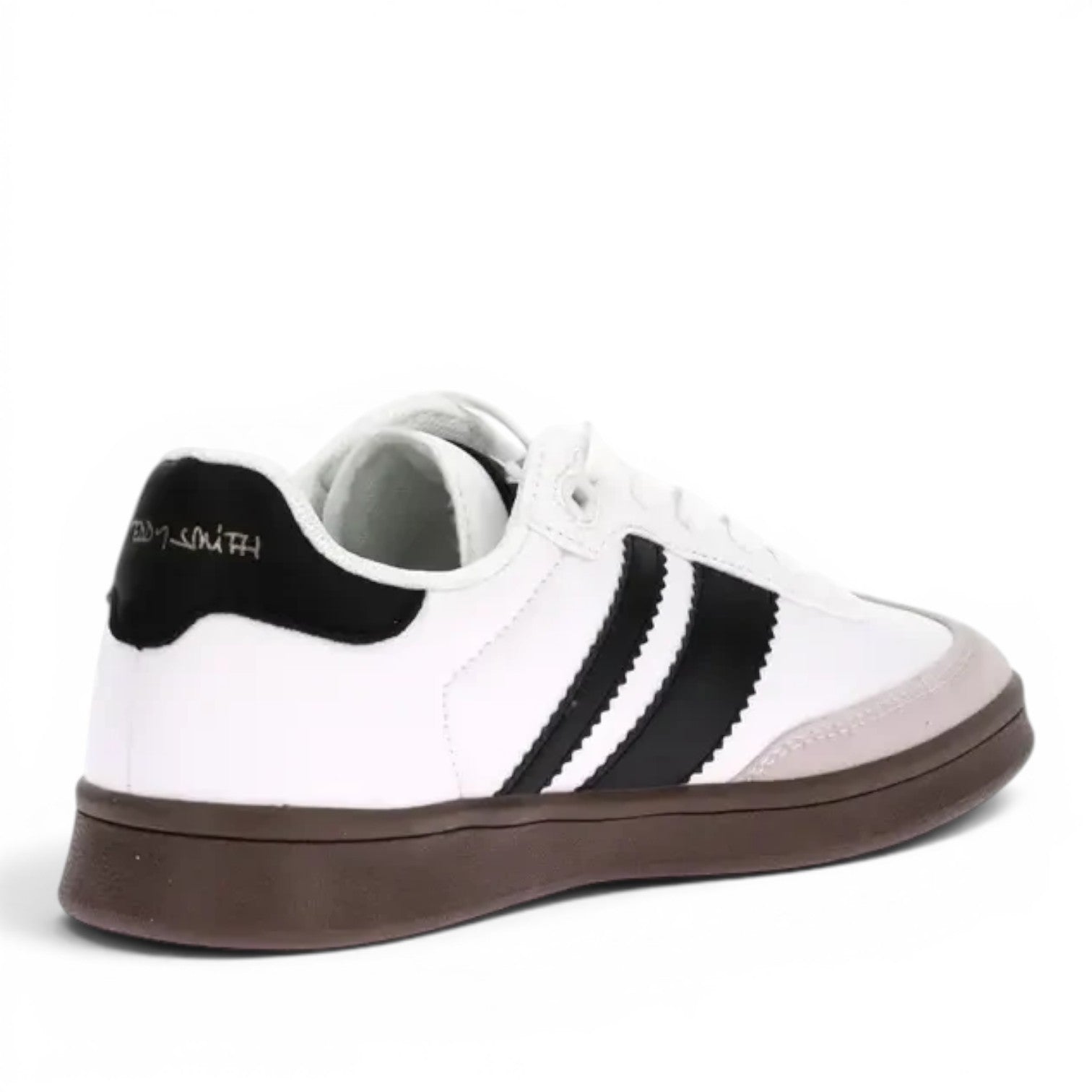 ShoeShop white synthetic sneakers with black stripes and heel detail. Rubber sole.