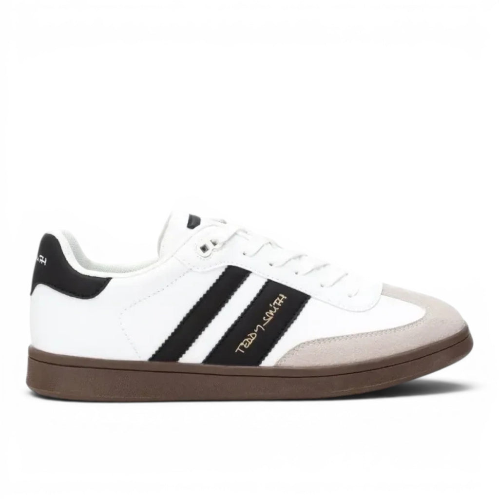 ShoeShop white synthetic sneakers with black stripes and brown rubber sole. Features Teddy Smith logo.