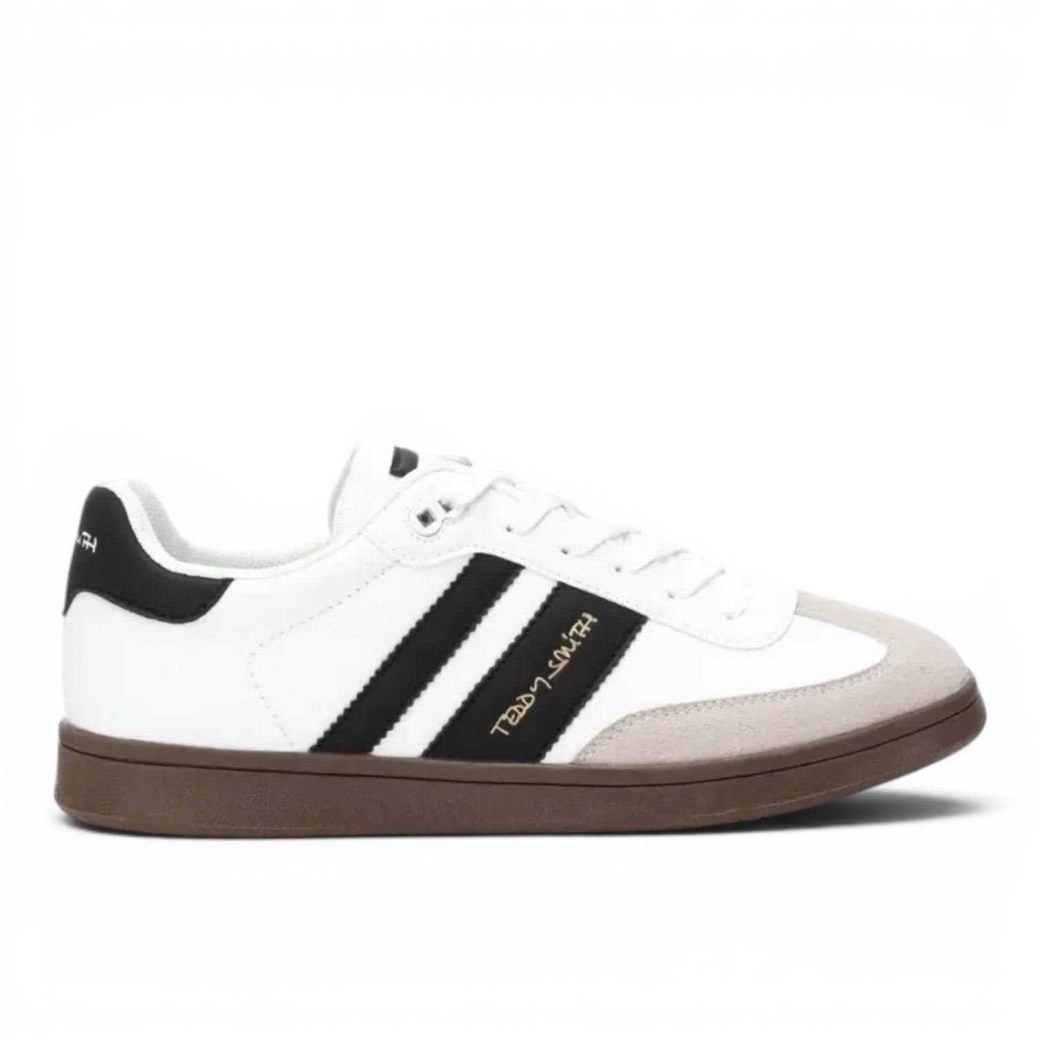 ShoeShop white synthetic sneakers with black stripes and brown rubber sole. Features Teddy Smith logo.