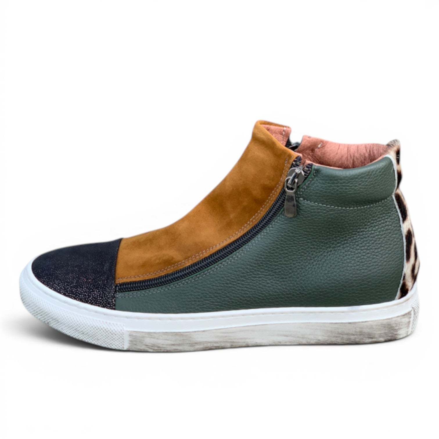 ShoeShop Zavod 2ZIP/TENNIS high-top leather sneakers in green, brown, and black with leopard print accent and side zipper.