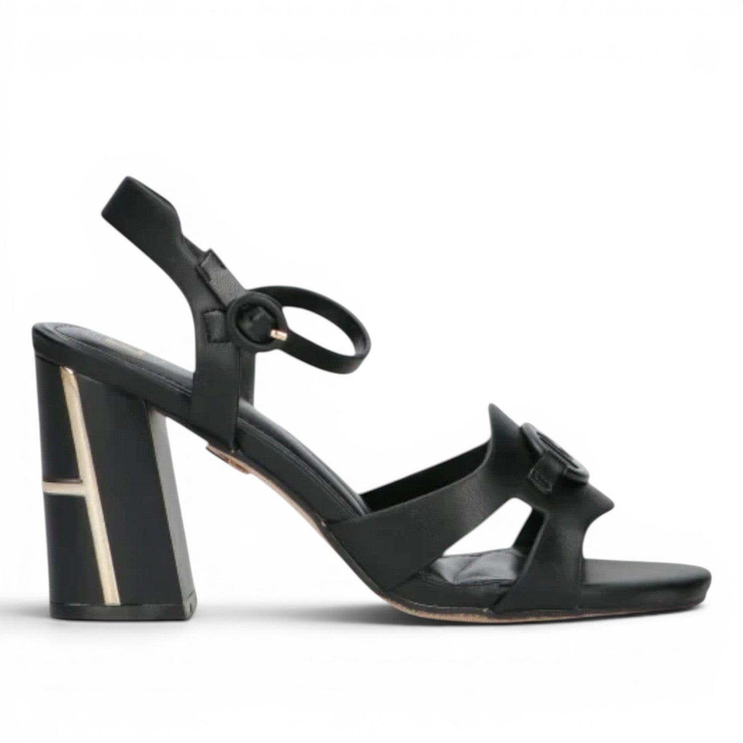 ShoeShop Laura Biagiotti 9051 black synthetic heeled sandals with ankle strap and decorative detail.