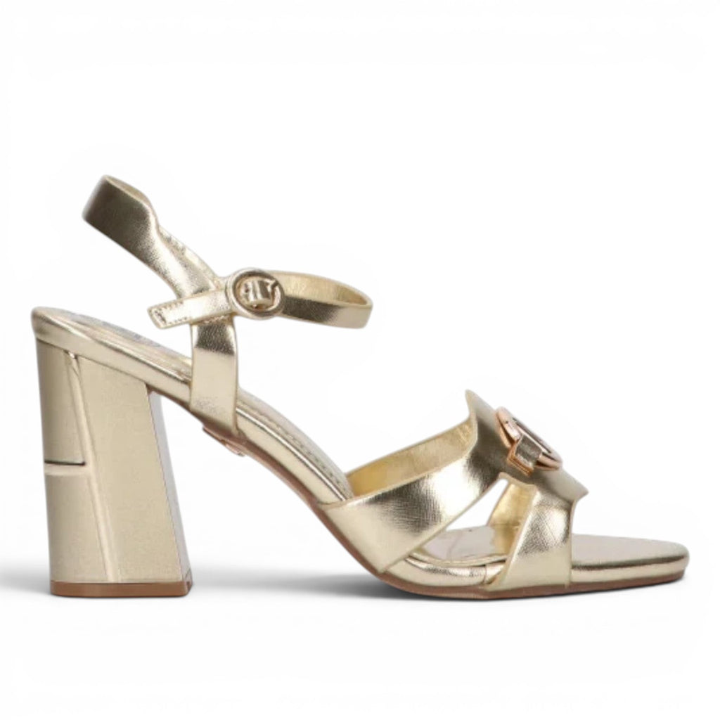 ShoeShop Laura Biagiotti 9051 gold synthetic sandals with 9cm block heel and logo detail.