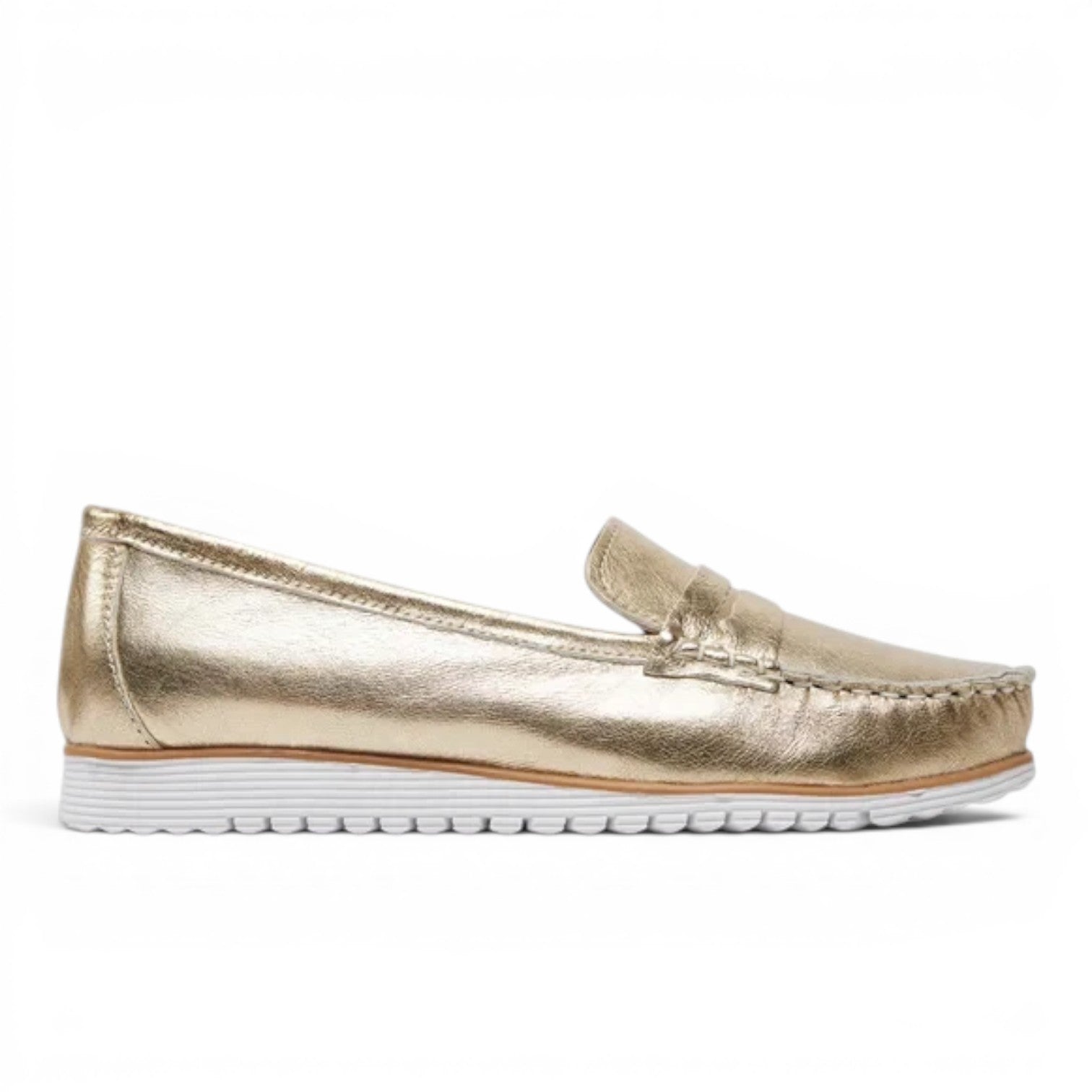 ShoeShop Loretta Vitale 4001 gold leather loafers with rubber sole.