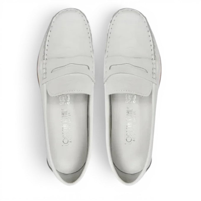 ShoeShop Loretta Vitale 4001 white leather penny loafers for women. Fully leather lined with rubber sole.
