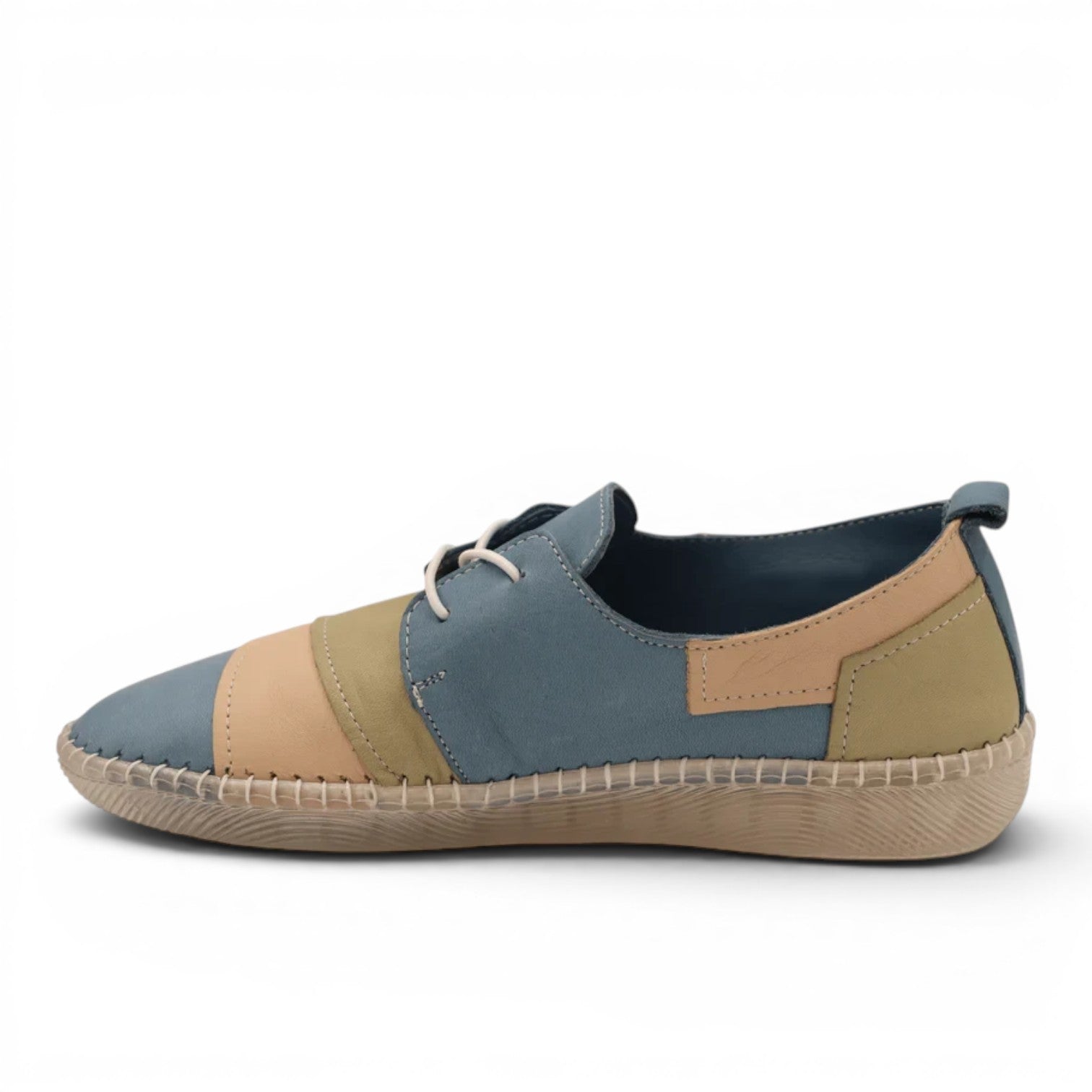 ShoeShop Loretta Vitale 780 women's blue, tan, and olive green leather casual shoes with contrast stitching.
