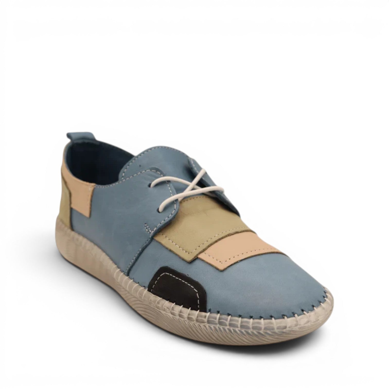 ShoeShop Loretta Vitale 780 blue leather casual shoes with patchwork design and white laces.