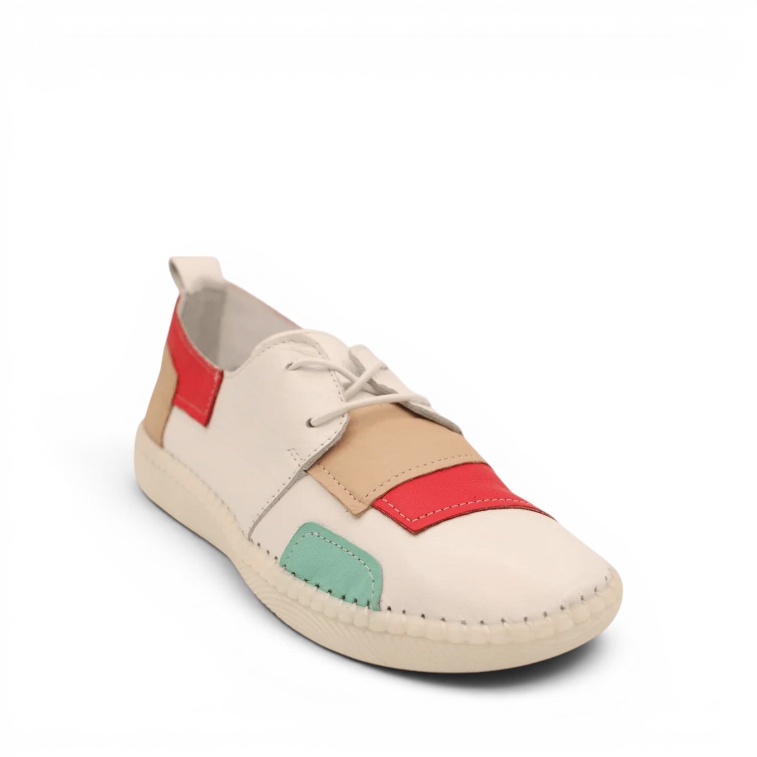 ShoeShop Loretta Vitale 780 white leather casual shoes with red, tan, and mint green color block details.