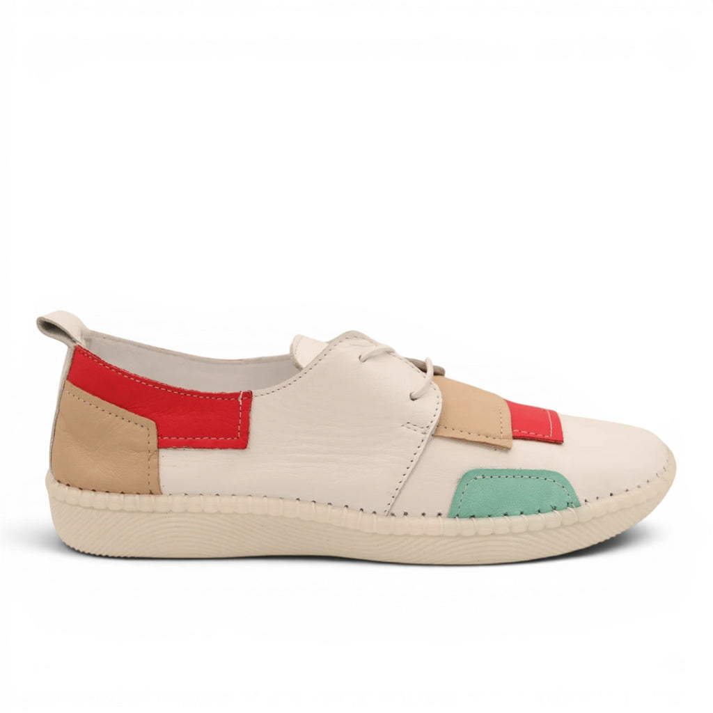ShoeShop Loretta Vitale 780 white leather casual shoes with red, tan, and mint green color block accents.