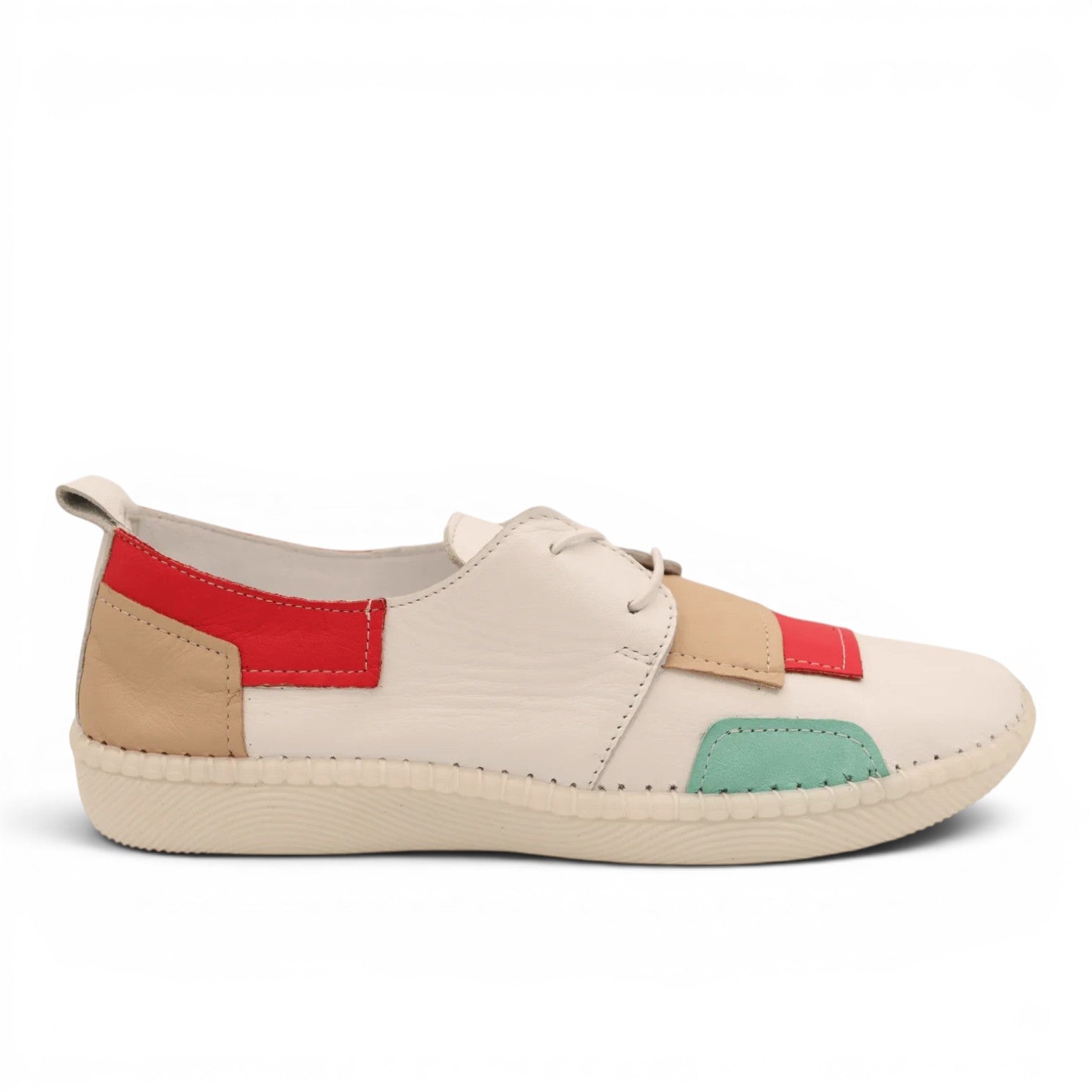 ShoeShop Loretta Vitale 780 white leather casual shoes with red, tan, and mint green color block accents.