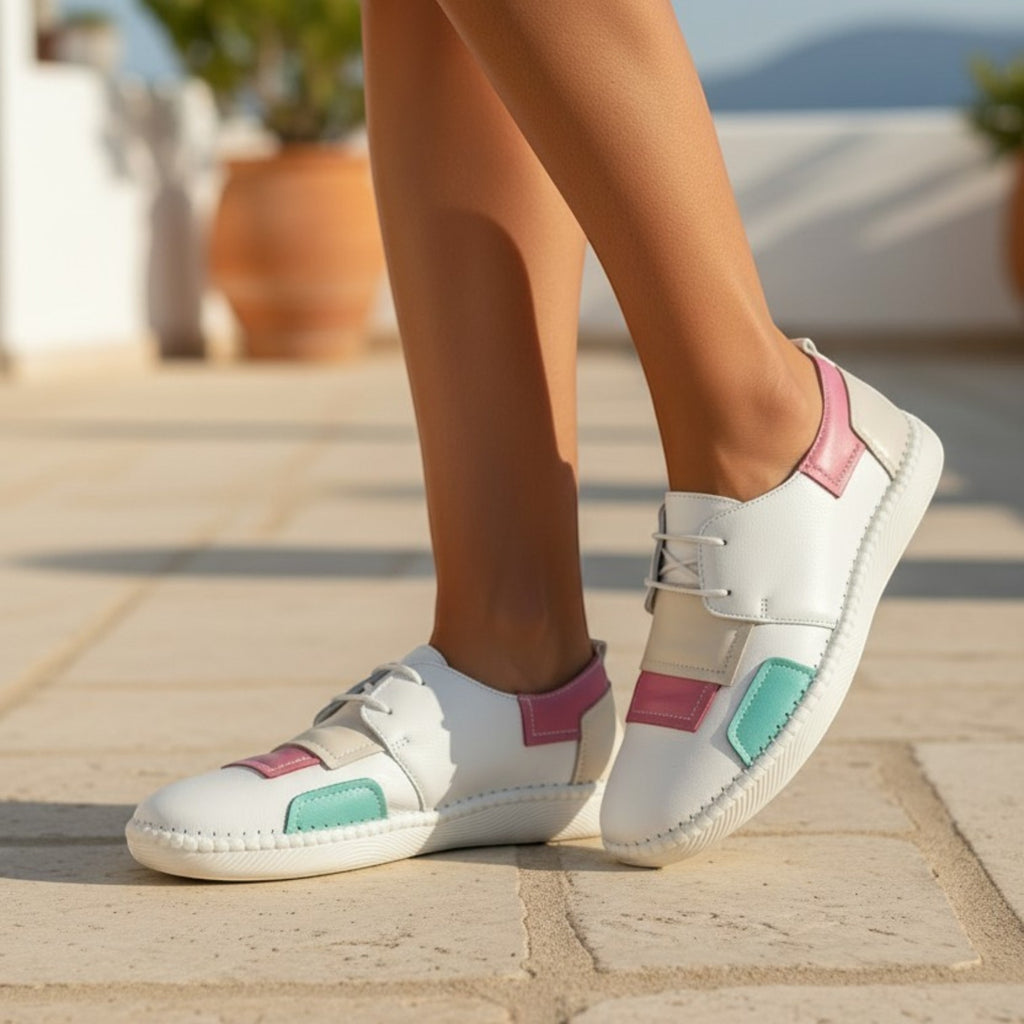 ShoeShop Loretta Vitale 780 white leather sneakers with pink, beige, and mint green accents.