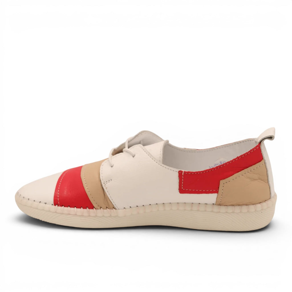 ShoeShop Loretta Vitale 780 women's white leather loafers with red and tan colorblock details and rubber sole.