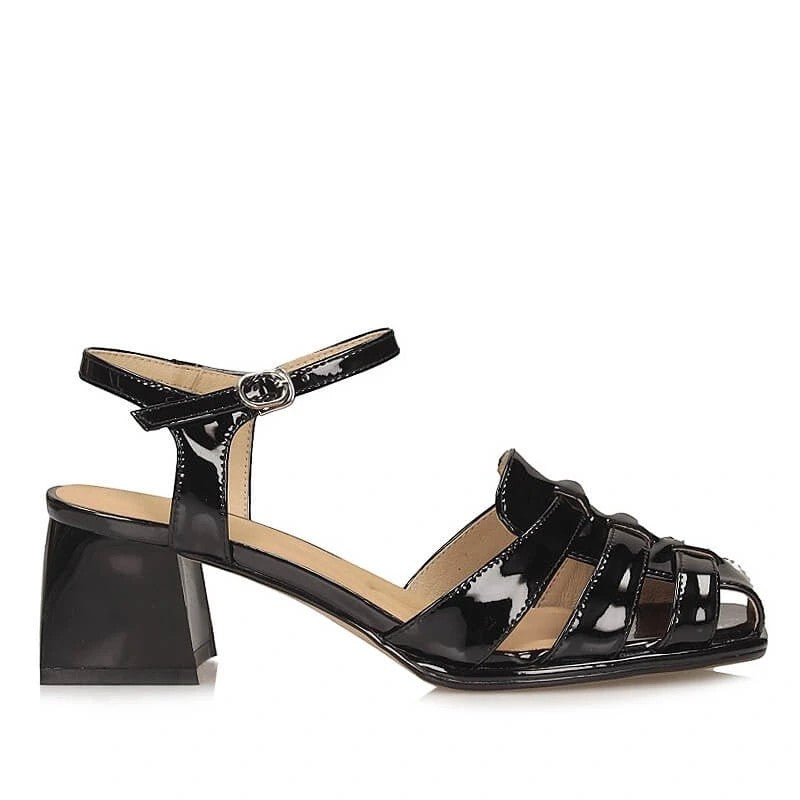 ShoeShop Loretta Vitale C9321 black patent leather caged block heel sandals with ankle strap.