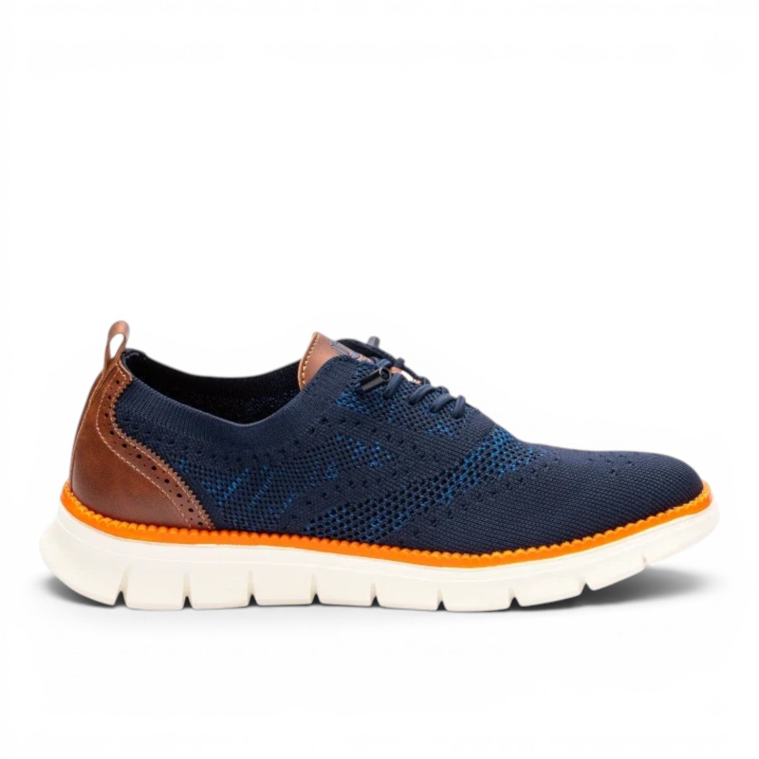ShoeShop navy blue knit men's casual shoe with brown leather accents and orange sole detail.