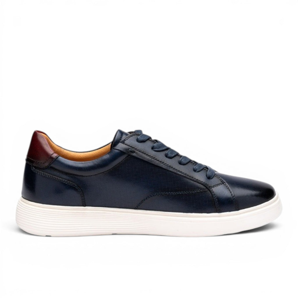 ShoeShop navy leather men's casual sneakers with perforated details and contrasting burgundy heel.