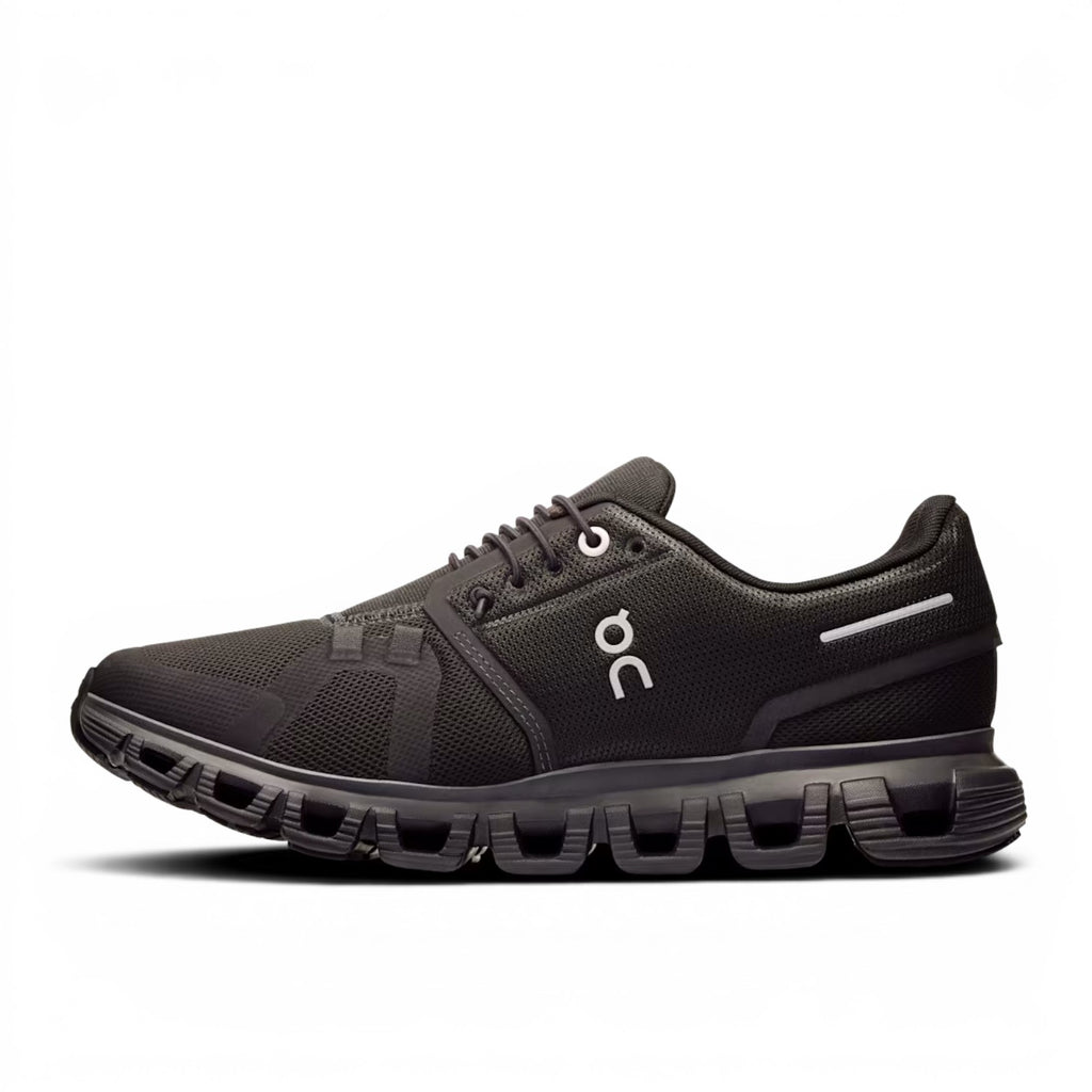 ShoeShop ON Cloud 6 black recycled polyester running shoe with Zero-Gravity CloudTec cushioning and Speedboard.