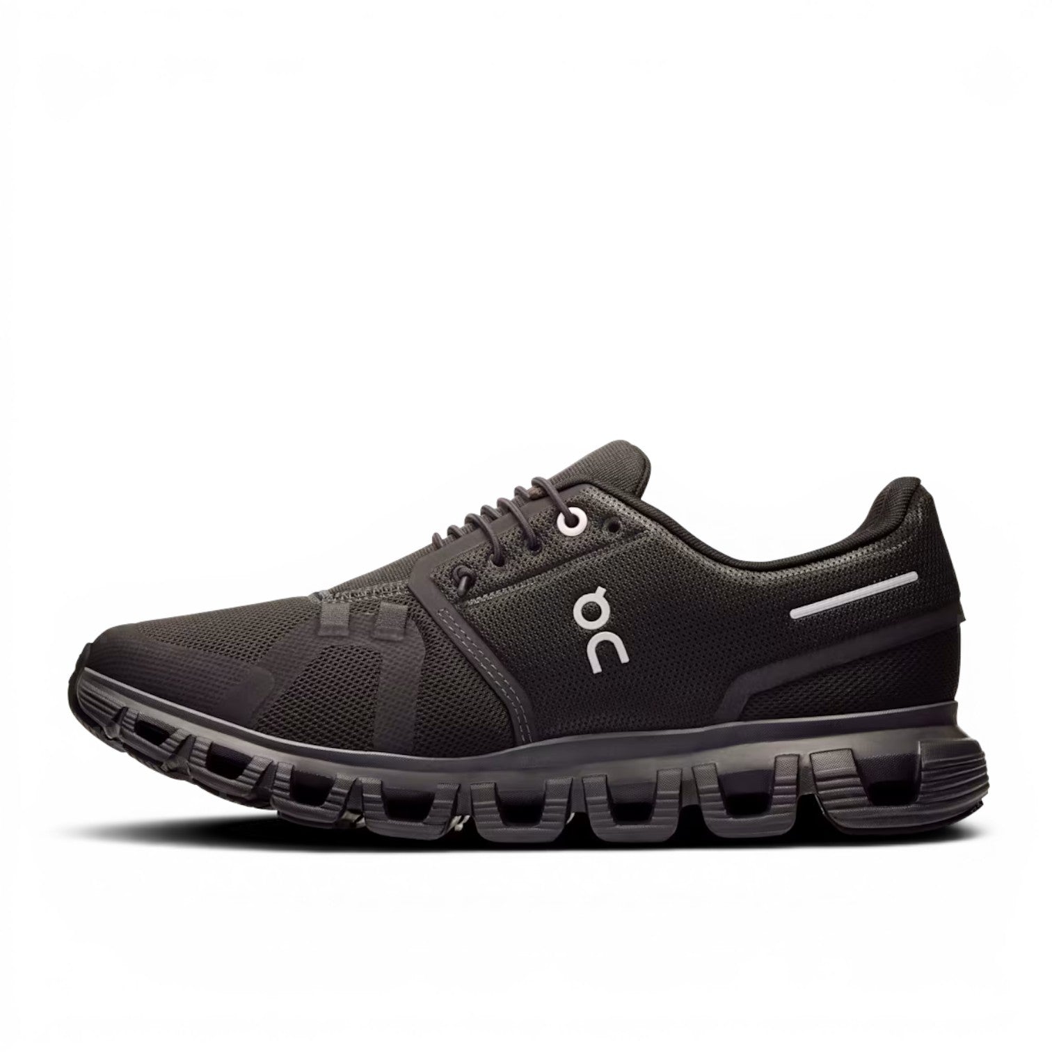 ShoeShop ON Cloud 6 black recycled polyester running shoe with Zero-Gravity CloudTec cushioning and Speedboard.
