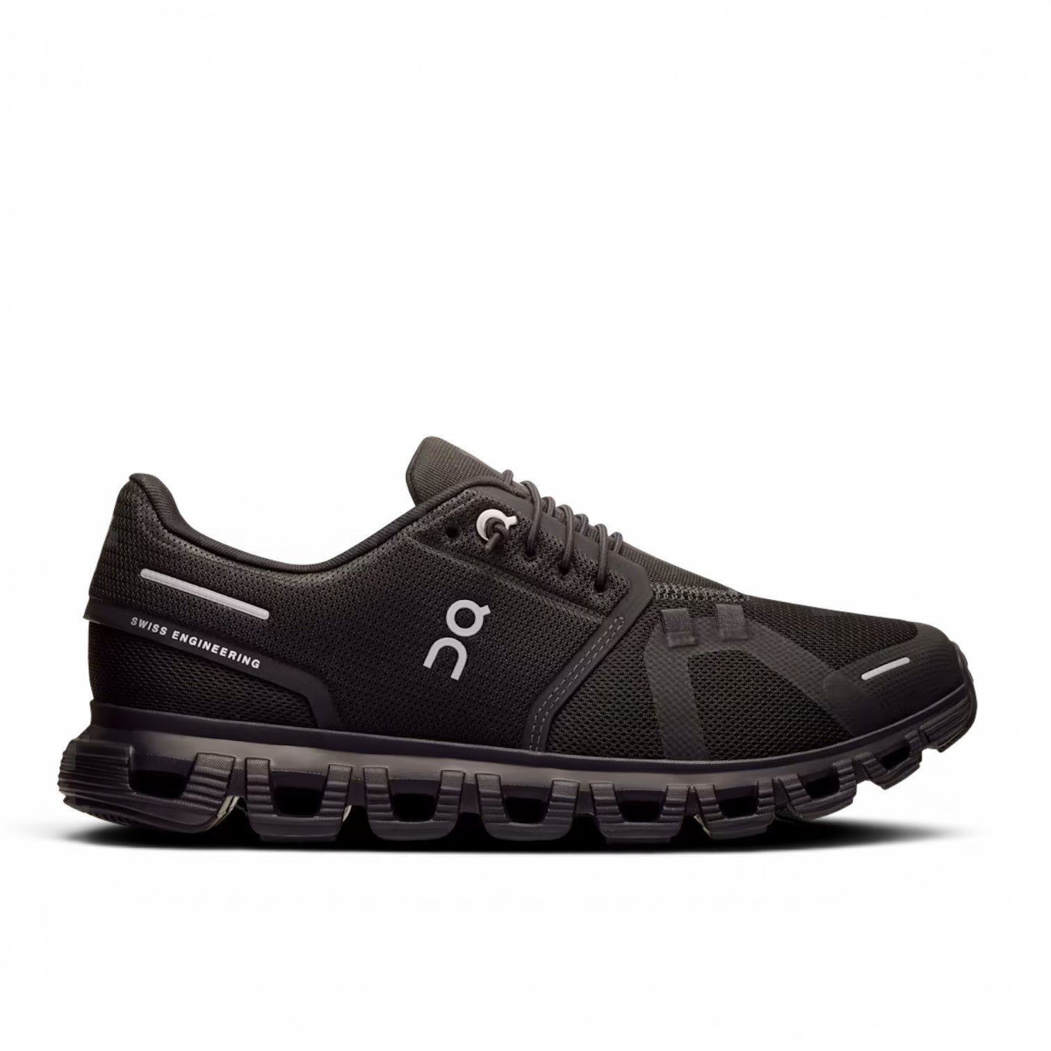 ShoeShop ON Cloud 6 black recycled polyester running shoe with Zero-Gravity CloudTec cushioning and Speedboard plate.