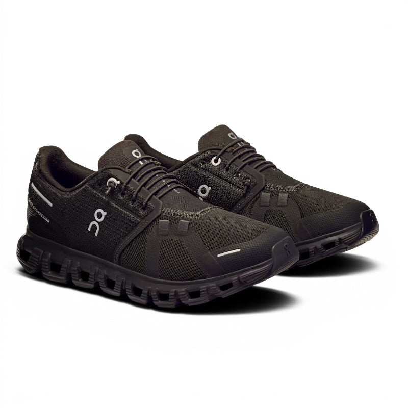 ShoeShop ON Cloud 6 black recycled polyester running shoes with Zero-Gravity CloudTec cushioning.