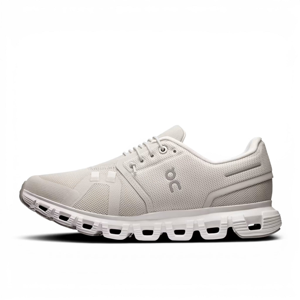 ShoeShop ON Cloud 6 light grey recycled polyester running shoe with CloudTec cushioning and Speedboard plate.