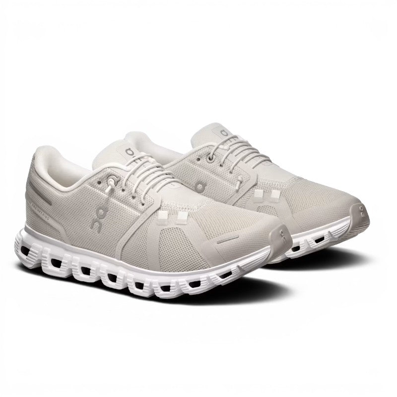ShoeShop ON Cloud 6 light grey recycled polyester mesh sneakers with white CloudTec sole. Ideal for all-day wear.