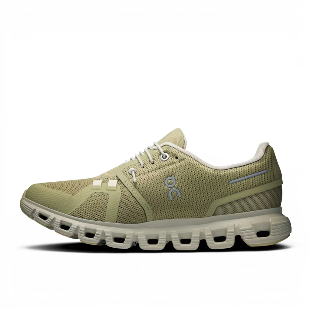 ShoeShop ON Cloud 6 olive green recycled polyester running shoe with white laces and signature CloudTec sole.
