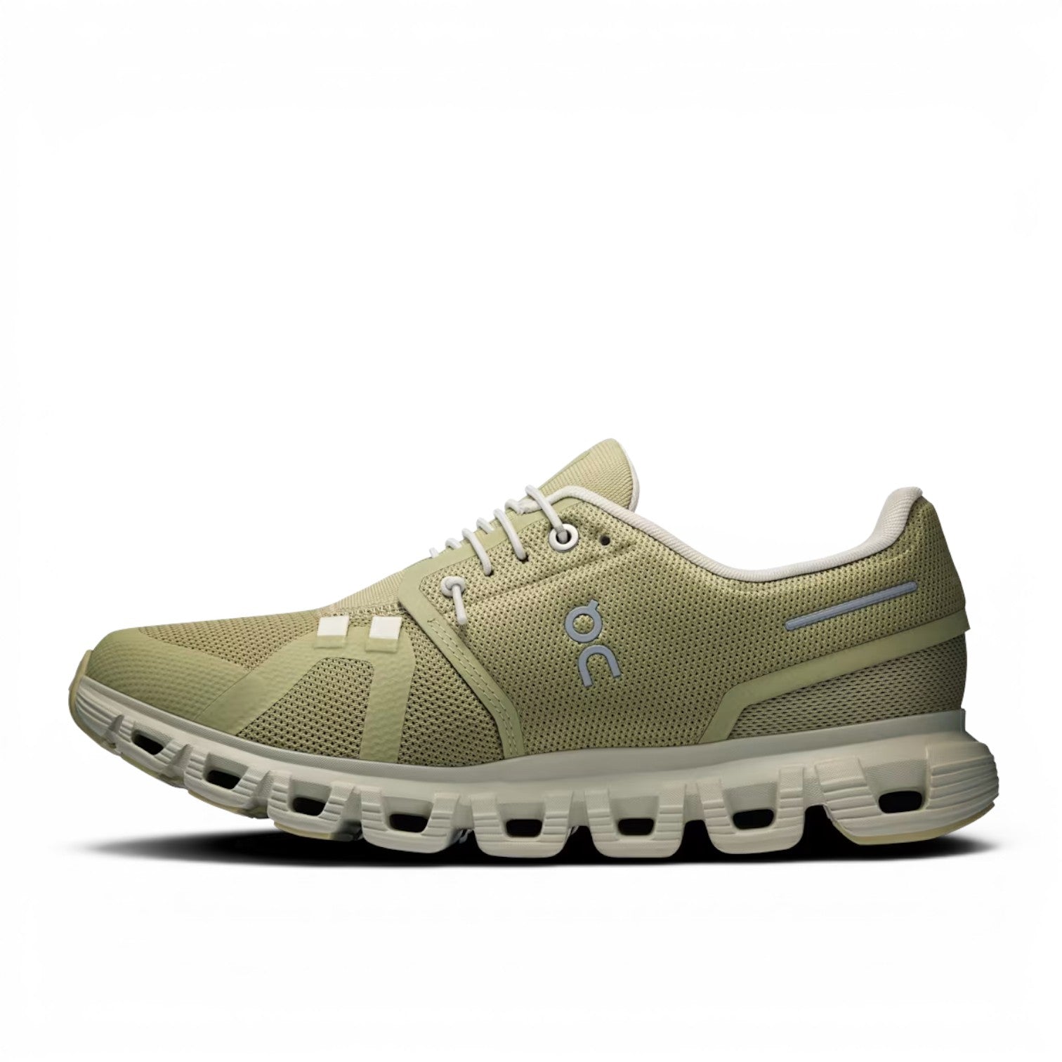 ShoeShop ON Cloud 6 olive green recycled polyester running shoe with white laces and signature CloudTec sole.