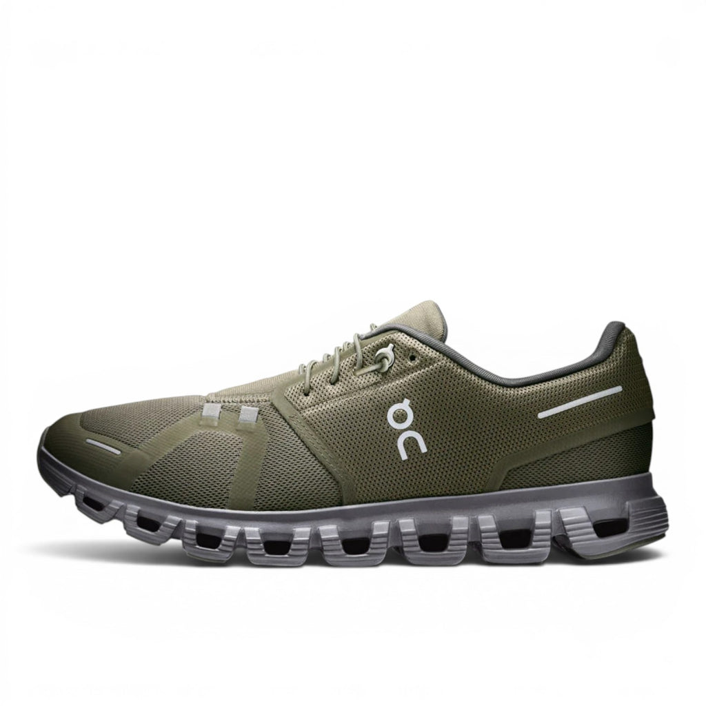 ShoeShop ON Cloud 6 olive green recycled polyester running shoe with grey sole and white logo.