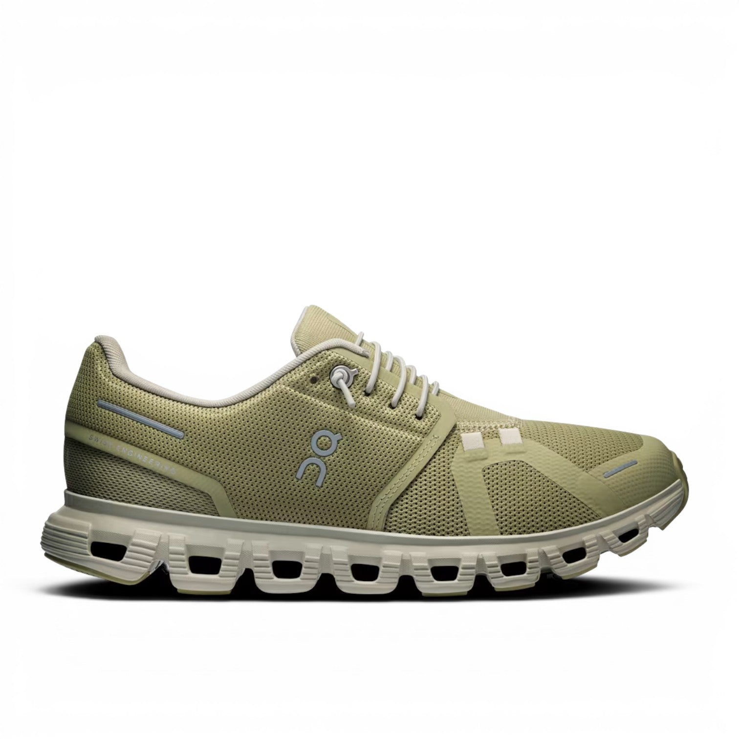 ShoeShop ON Cloud 6 olive green recycled polyester running shoe with white laces and signature CloudTec sole.