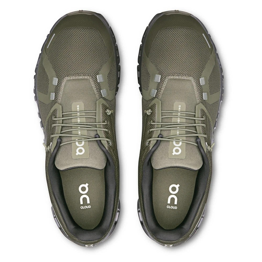 ShoeShop ON Cloud 6 olive green recycled polyester running shoes with Zero-Gravity CloudTec cushioning.