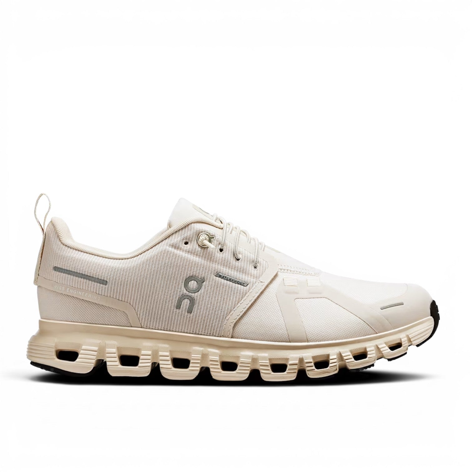 ShoeShop ON Cloud 6 Waterproof beige running shoe made from recycled polyester with Zero-Gravity CloudTec cushioning.